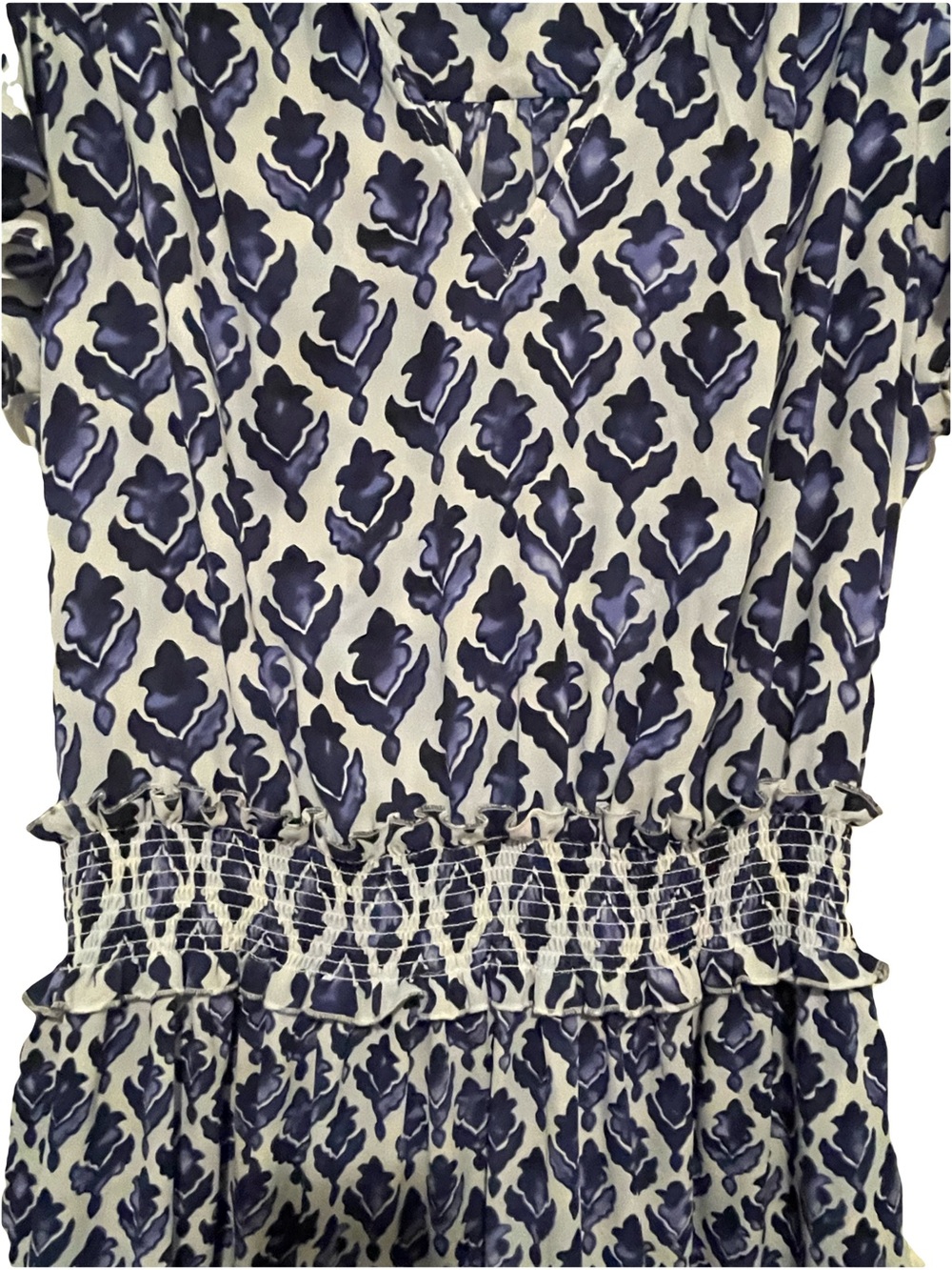 Chico's Navy and White Patterned Smocked-Waist Midi Dress - Picture 2 of 4